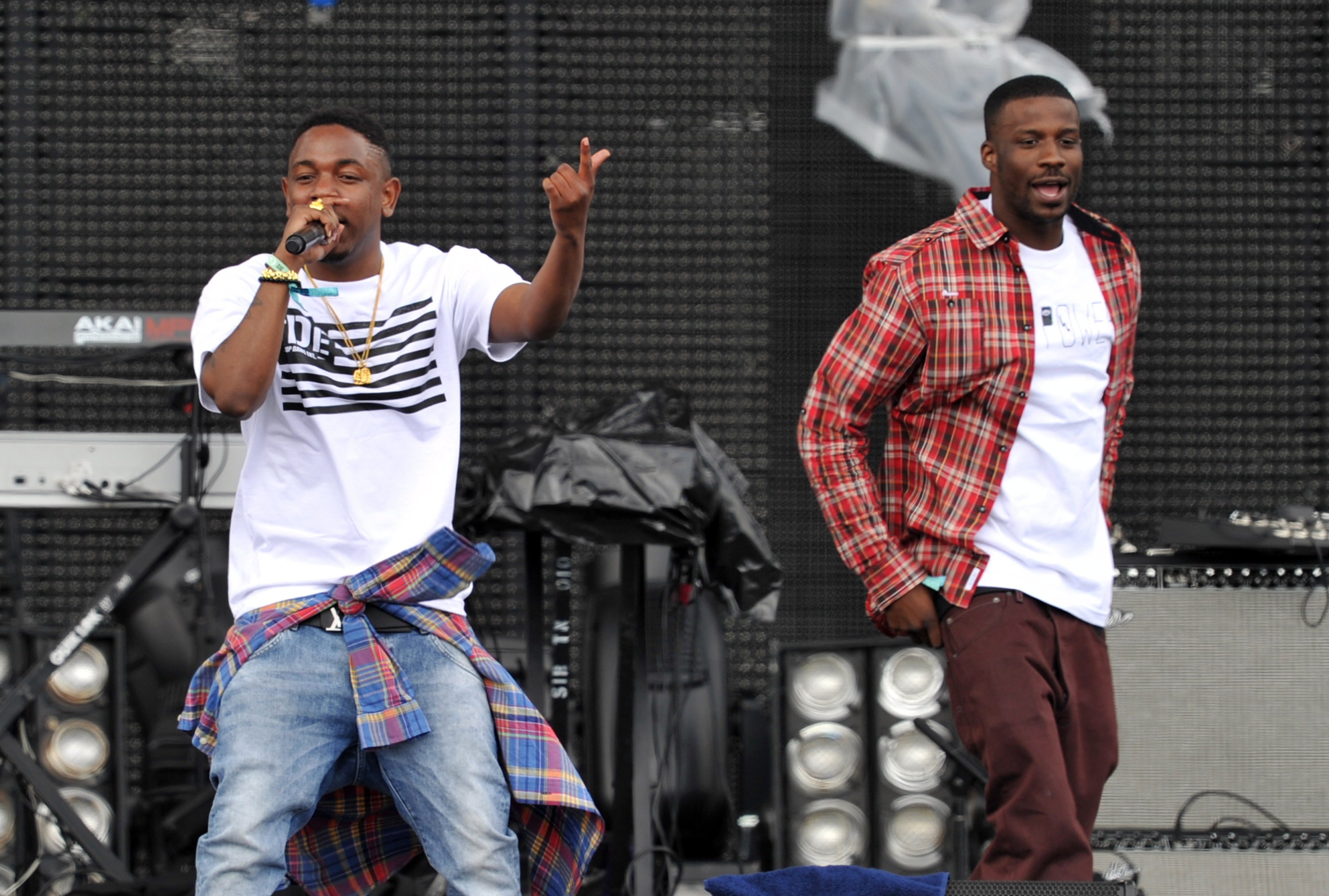 INDIO, CA - APRIL 13:  Rappers Kendrick Lamar (L) and Jay Rock perform onstage during day 1 of the 2012 Coachella Valley Music & Arts Festival at the Empire Polo Field on April 13, 2012 in Indio, California.  (Photo by Kevin Winter/Getty Images for Coachella)