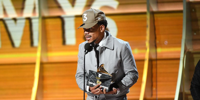 LOS ANGELES, CA - FEBRUARY 12: Recording artist Chance the Rapper accepts the award for Best New Artist, onstage during The 59th GRAMMY Awards at STAPLES Center on February 12, 2017 in Los Angeles, California. (Photo by Kevork Djansezian/Getty Images)