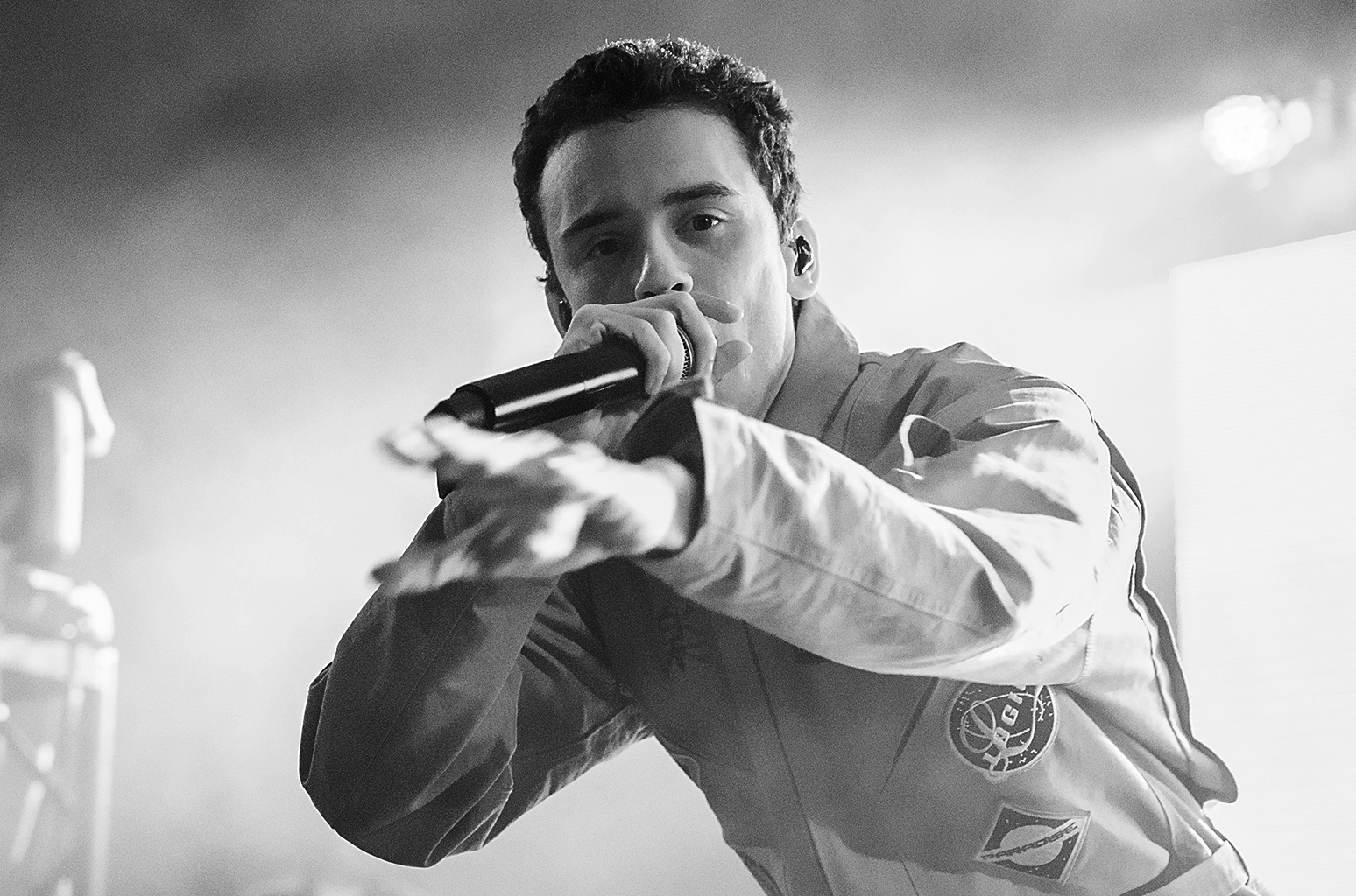 AUSTIN, TX - MARCH 25:  (EDITORS NOTE: Image has been converted to black and white.) Rapper Logic performs in concert at Stubb's Bar-B-Q on March 25, 2016 in Austin, Texas.  (Photo by Rick Kern/WireImage)